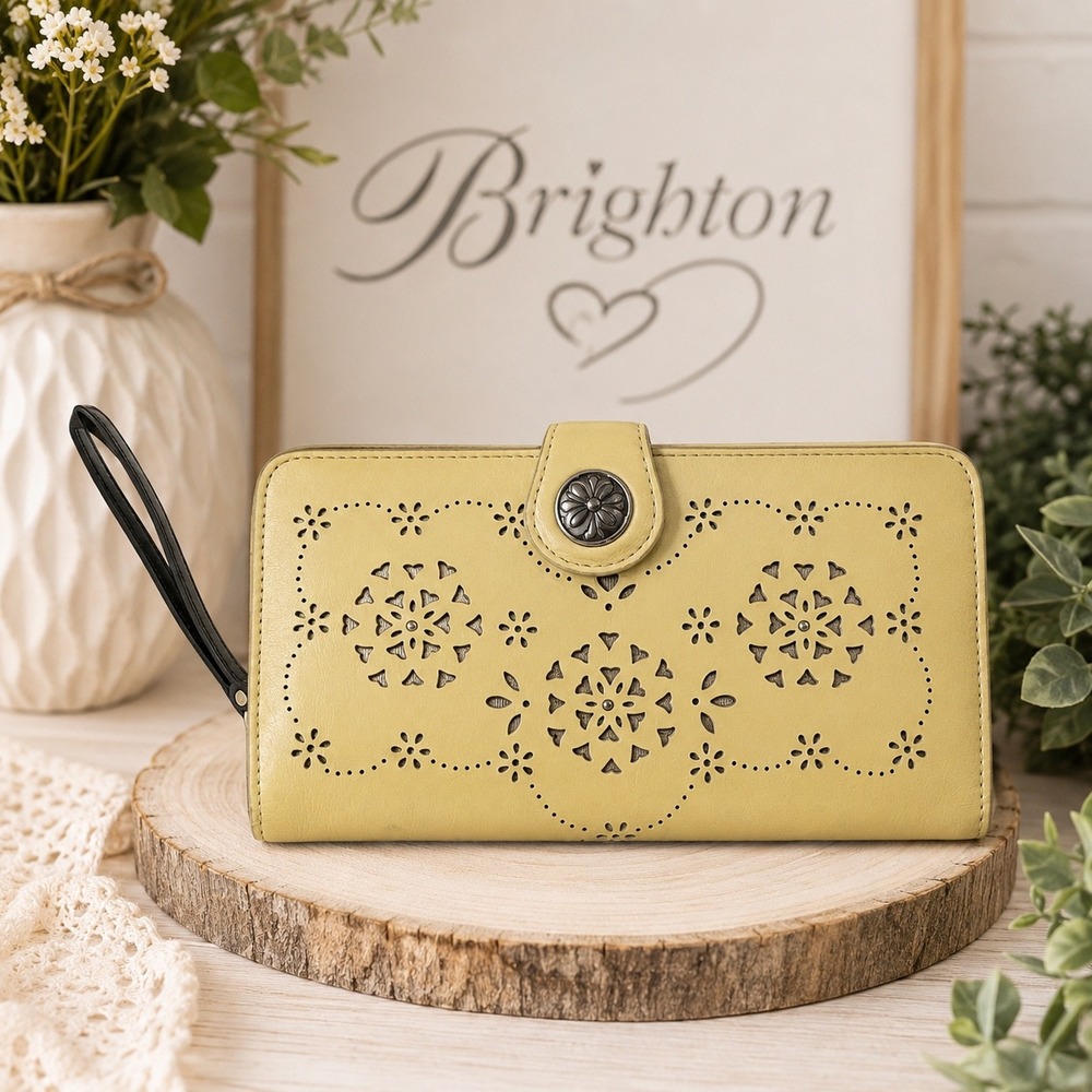 Brighton Yellow Leather Laser Cut‎ Floral Wristlet Wallet Organizer Snap Closure